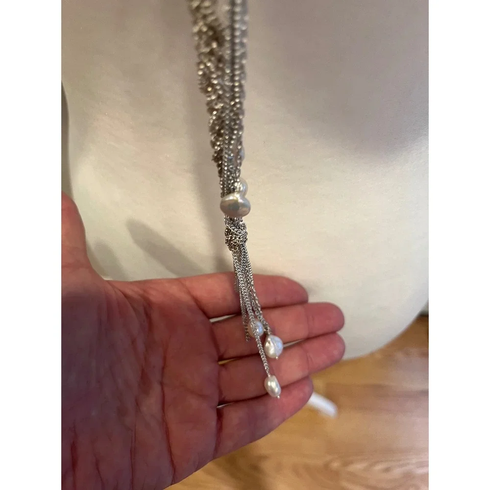 Stella and Dot Silver Braided Mesh‎ Lariat Necklace with Freshwater Pearl Tassel